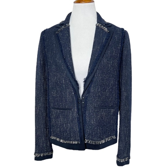 Vince Navy Blue Fringe Tweed Long Sleeve Open Front Blazer Jacket Size Small - Picture 2 of 14